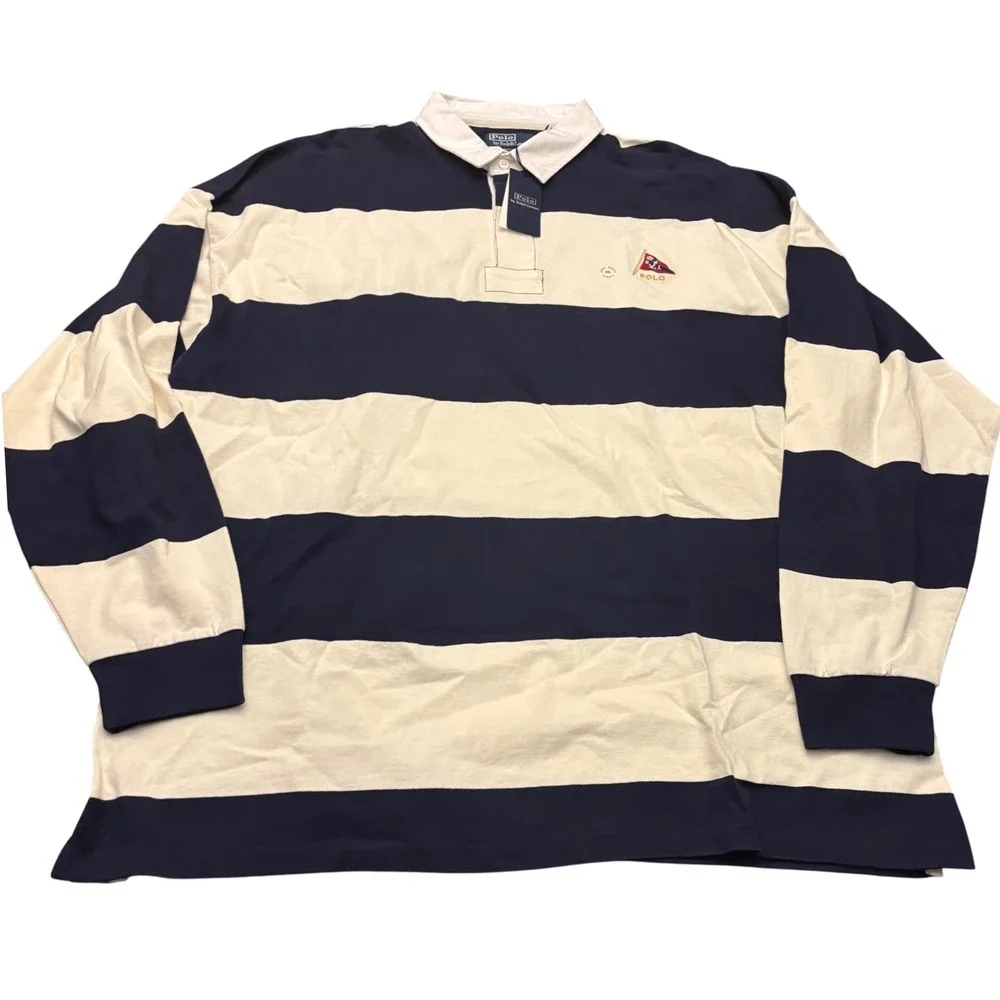 Polo Ralph Lauren M XXL NWT Oversized Fit Stripe Jersey Rugby Shirt Navy/White
